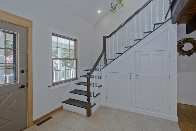 60 Daniel Shays Hwy, Pelham, MA 01002 - entrance foyer with stairway and vaulted ceiling