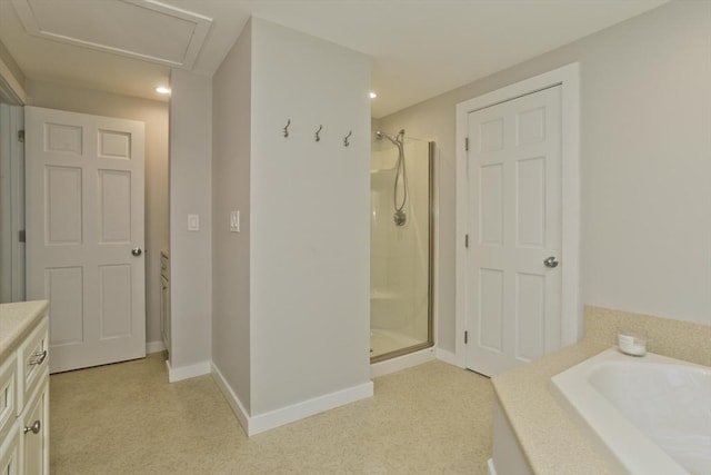 60 Daniel Shays Hwy, Pelham, MA 01002 - bathroom featuring a stall shower, carpet flooring, a garden tub, recessed lighting, and vanity