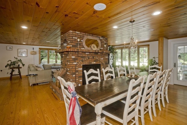 60 Daniel Shays Hwy, Pelham, MA 01002 - dining area featuring wood ceiling, a brick fireplace, recessed lighting, light wood-style flooring, and a chandelier