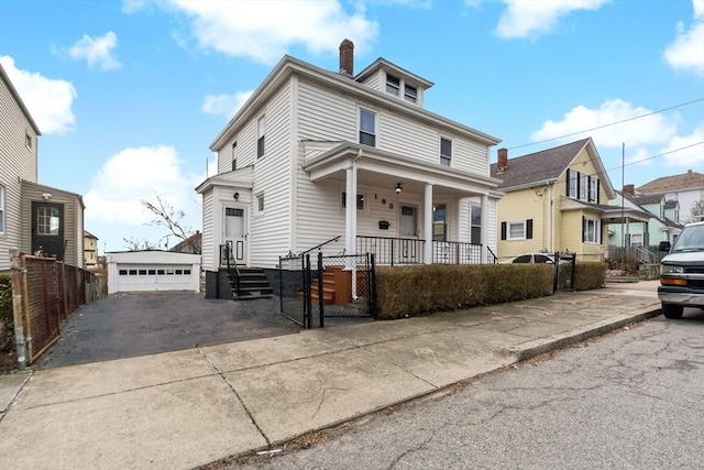 traditional style home with an outbuilding, a porch, a fenced front yard, and a chimney