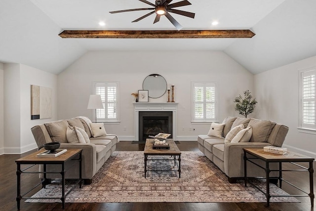 32 Gilman Rd, Billerica, MA 01862 - living room with ceiling fan, dark wood-style floors, baseboards, and a fireplace with flush hearth