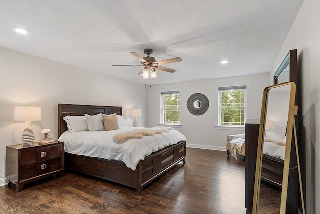 32 Gilman Rd, Billerica, MA 01862 - bedroom with baseboards, dark wood-type flooring, a ceiling fan, and recessed lighting