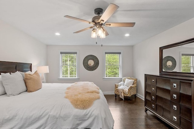 32 Gilman Rd, Billerica, MA 01862 - bedroom with multiple windows, dark wood-style floors, baseboards, recessed lighting, and a ceiling fan