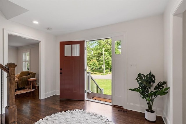 32 Gilman Rd, Billerica, MA 01862 - foyer entrance featuring baseboards, wood finished floors, stairs, and recessed lighting