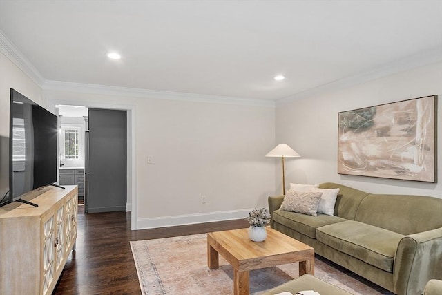 32 Gilman Rd, Billerica, MA 01862 - living room featuring dark wood-style floors, ornamental molding, baseboards, and recessed lighting
