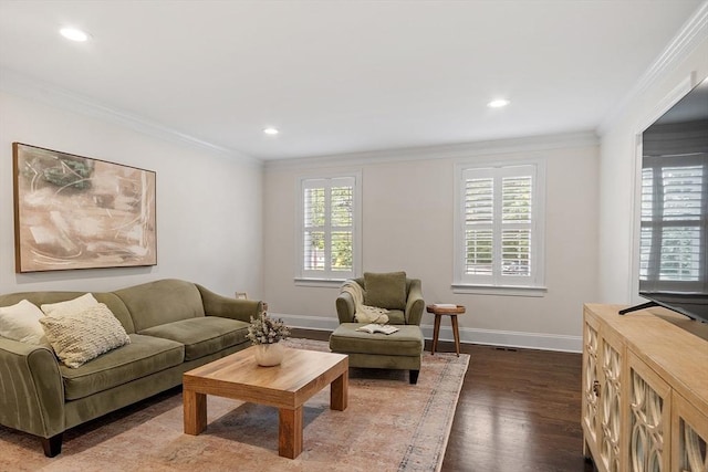 32 Gilman Rd, Billerica, MA 01862 - living area with baseboards, dark wood finished floors, ornamental molding, and recessed lighting