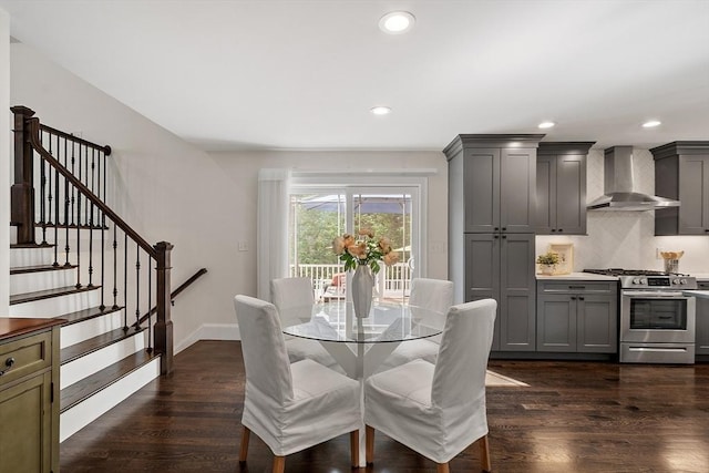 32 Gilman Rd, Billerica, MA 01862 - dining space featuring dark wood-style floors, recessed lighting, baseboards, and stairway