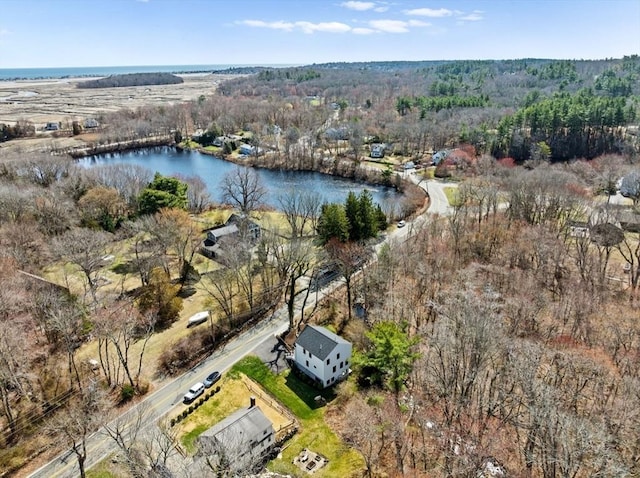 bird's eye view featuring a forest view and a water view