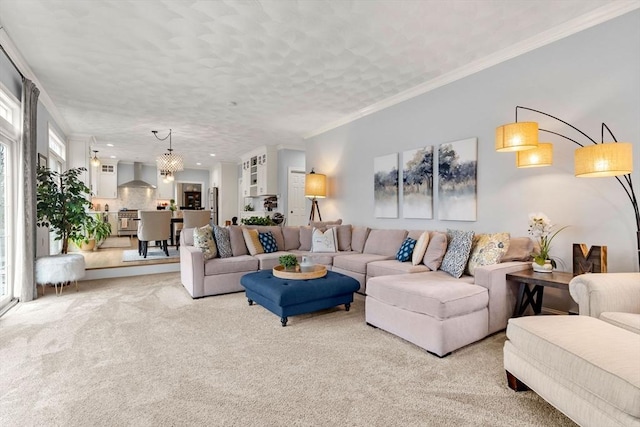 living room featuring crown molding, a textured ceiling, and carpet floors
