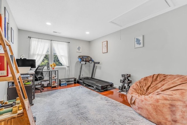 124 Tennis Plaza Rd Unit 2, Dracut, MA 01826 - workout area featuring attic access, wood finished floors, and recessed lighting