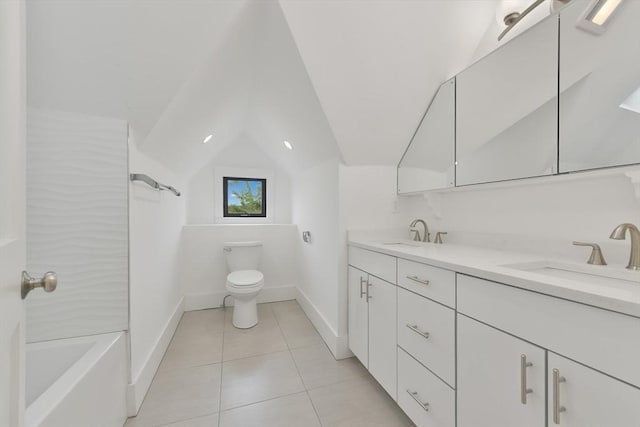 126 Central St Unit 2, Somerville, MA 02145 - bathroom featuring double vanity, tile patterned flooring, lofted ceiling, and bathing tub / shower combination