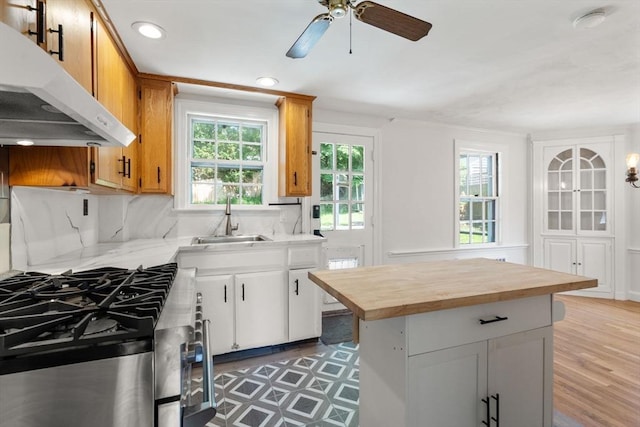 31 Whitman Ave, Melrose, MA 02176 - kitchen featuring under cabinet range hood, stainless steel range with gas stovetop, a sink, wood counters, and ceiling fan