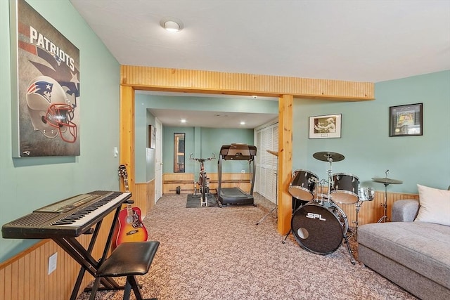 workout area featuring carpet flooring, wainscoting, and wooden walls