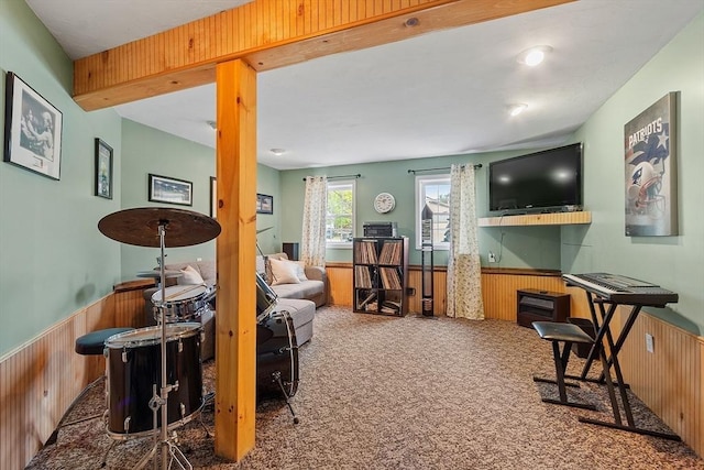 living area featuring a wainscoted wall, wood walls, and carpet