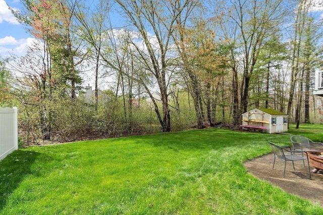 view of yard with a fire pit, a storage shed, and an outbuilding