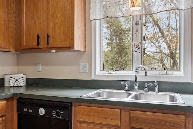 kitchen with black dishwasher, a sink, and dark countertops