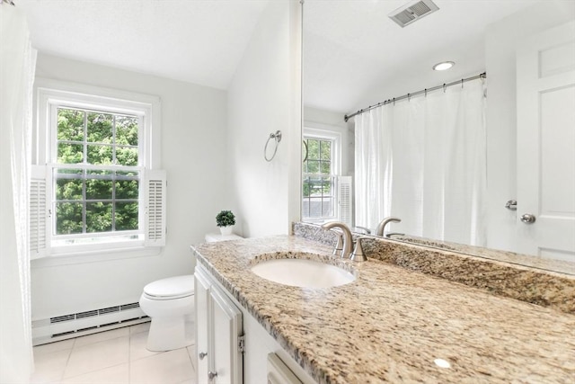 14 Provin Mountain Dr, Agawam, MA 01030 - full bath featuring baseboard heating, tile patterned flooring, toilet, vanity, and a shower with shower curtain