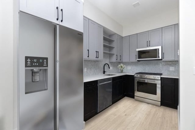 kitchen with light countertops, a sink, stainless steel appliances, and open shelves