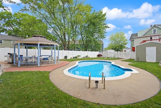 66 Adams St, Revere, MA 02151 - view of pool featuring a gazebo, a patio area, a fenced backyard, and a shed