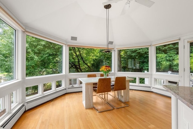 sunroom featuring a baseboard radiator, visible vents, and vaulted ceiling