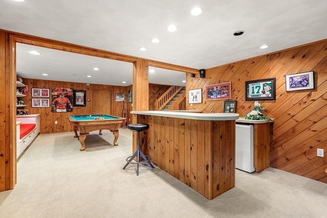 game room featuring recessed lighting, pool table, light carpet, and wooden walls