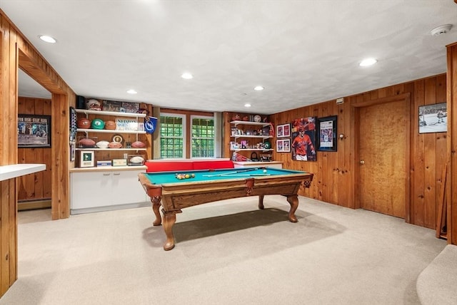 playroom with recessed lighting, light colored carpet, wood walls, and baseboard heating