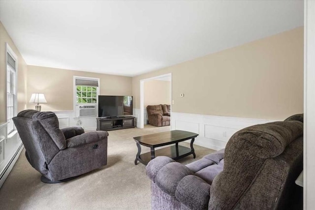 110 Northbridge Rd, Mendon, MA 01756 - living room with a wainscoted wall, carpet flooring, a baseboard heating unit, a decorative wall, and cooling unit