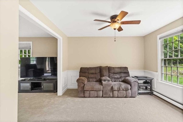 110 Northbridge Rd, Mendon, MA 01756 - carpeted living room with baseboard heating, ceiling fan, and wainscoting