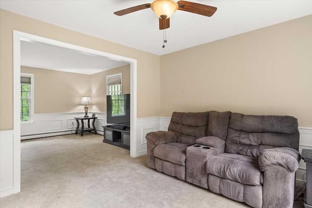 110 Northbridge Rd, Mendon, MA 01756 - living area with a wainscoted wall, carpet flooring, a ceiling fan, plenty of natural light, and a decorative wall