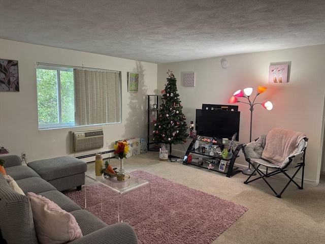 22 Bryon Rd Unit 3, Boston, MA 02467 - living area featuring carpet floors, a wall mounted AC, a textured ceiling, and baseboard heating