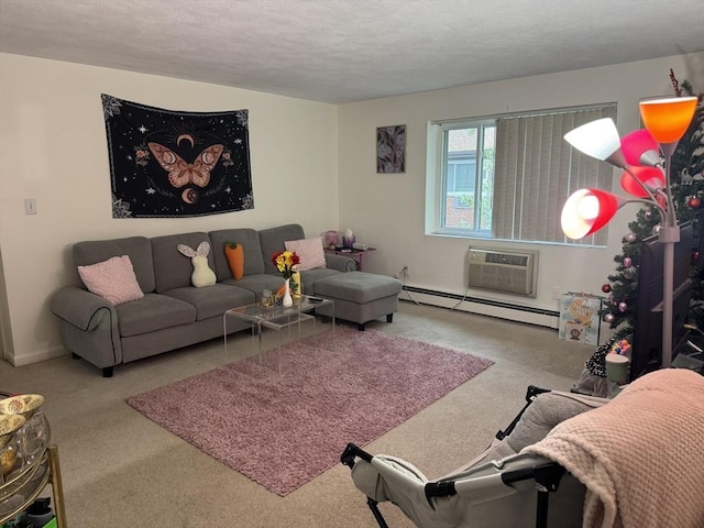 22 Bryon Rd Unit 3, Boston, MA 02467 - living room with carpet flooring, a wall mounted AC, baseboard heating, and a textured ceiling
