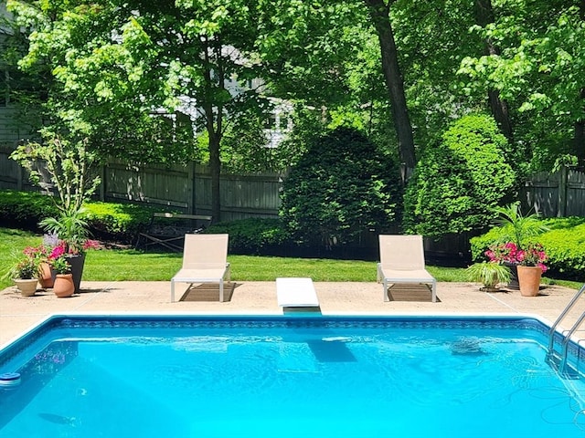 view of pool featuring a fenced in pool, a patio, a fenced backyard, and a diving board