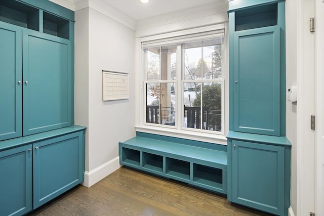 mudroom featuring crown molding, dark wood-type flooring, and baseboards