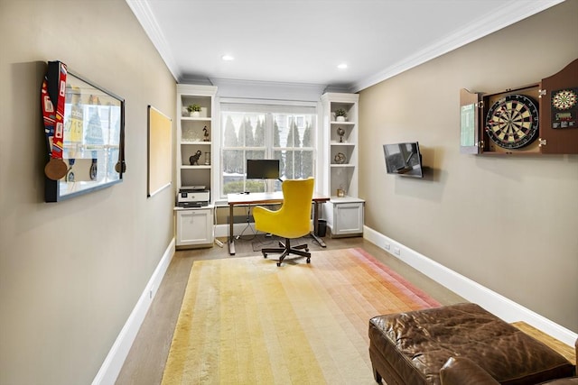 office space with recessed lighting, baseboards, and crown molding