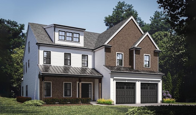 view of front of property featuring a porch, a garage, and a front lawn