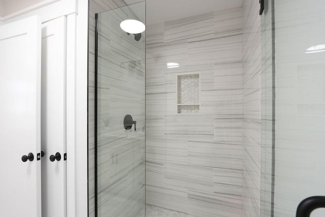 bathroom featuring a shower with shower door