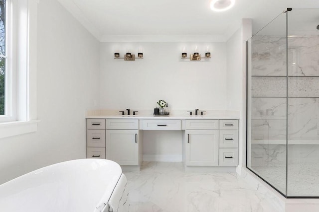 bathroom featuring crown molding, vanity, and shower with separate bathtub