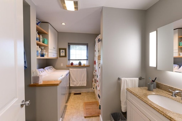 25 Taft St Unit 25, North Adams, MA 01247 - full bathroom with washing machine and dryer, vanity, a shower with shower curtain, and recessed lighting