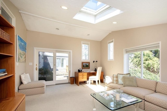 79 Myles View Dr, Duxbury, MA 02332 - living room featuring a skylight, vaulted ceiling, light colored carpet, healthy amount of natural light, and recessed lighting