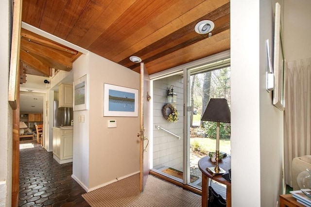 79 Myles View Dr, Duxbury, MA 02332 - foyer entrance featuring wood ceiling and dark tile patterned flooring