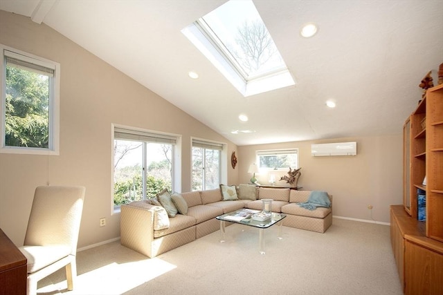 79 Myles View Dr, Duxbury, MA 02332 - living room with a wall mounted AC, vaulted ceiling, a skylight, light carpet, and recessed lighting