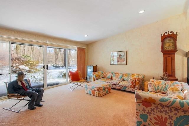 living area with vaulted ceiling, carpet floors, and recessed lighting