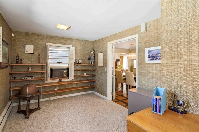 carpeted home office featuring wallpapered walls, a baseboard radiator, baseboards, and cooling unit