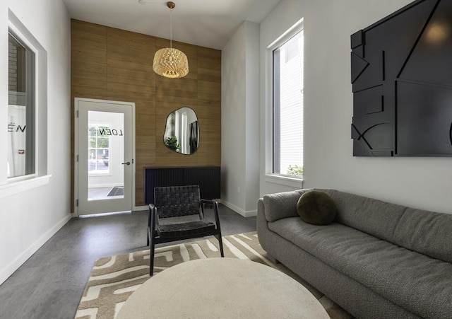 living room featuring concrete flooring and wooden walls