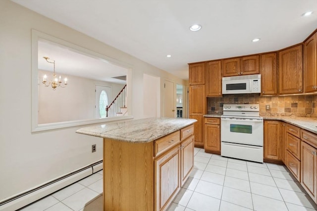 103 Central St, Newbury, MA 01922 - kitchen featuring white appliances, a baseboard radiator, tasteful backsplash, light stone counters, and light tile patterned floors