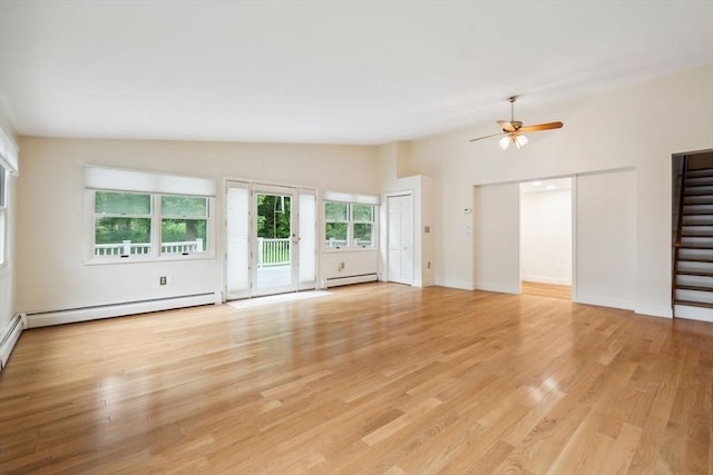 103 Central St, Newbury, MA 01922 - unfurnished living room with a baseboard radiator, vaulted ceiling, baseboard heating, ceiling fan, and light wood finished floors