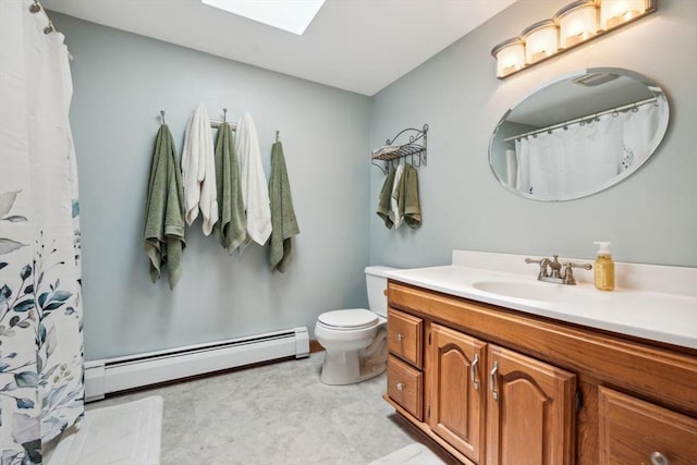 103 Central St, Newbury, MA 01922 - bathroom with a baseboard radiator, a skylight, vanity, and a shower with shower curtain