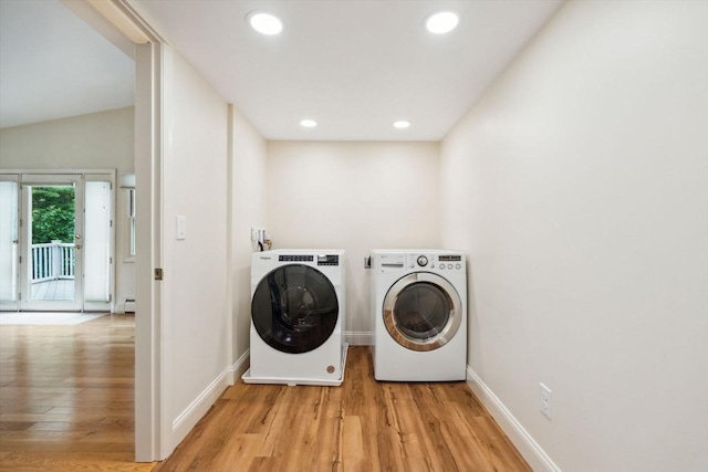 103 Central St, Newbury, MA 01922 - laundry area featuring independent washer and dryer, wood finished floors, and recessed lighting