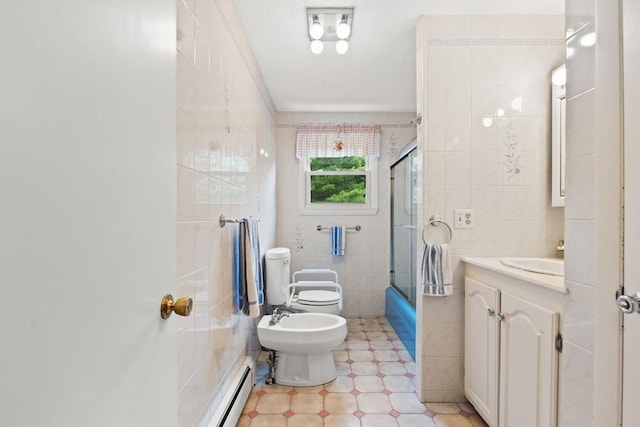114 Cypress Dr, Swansea, MA 02777 - full bathroom with tile walls, a baseboard heating unit, a bidet, vanity, and shower / bath combination with glass door