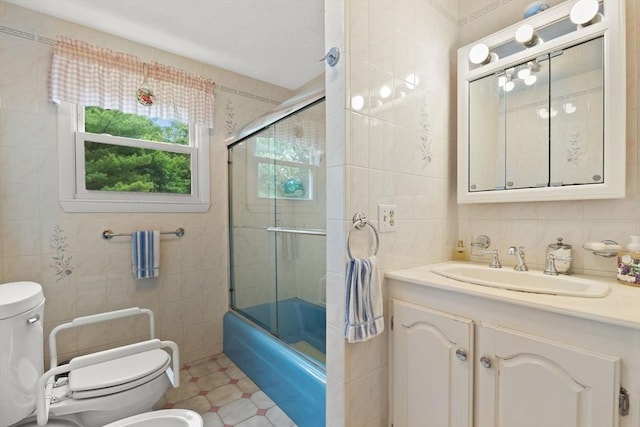 114 Cypress Dr, Swansea, MA 02777 - full bath with tile walls, vanity, a bidet, enclosed tub / shower combo, and tile patterned floors
